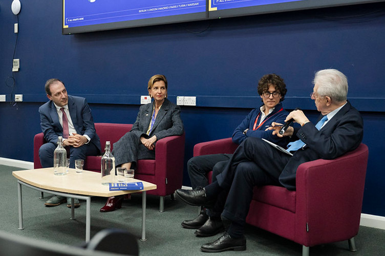 Panel discussion at ESCP London Campus with Prof Kamran Razmdoost, Irina Von Wiese, Gian Maria Gramondi, and Prof Mario Monti.