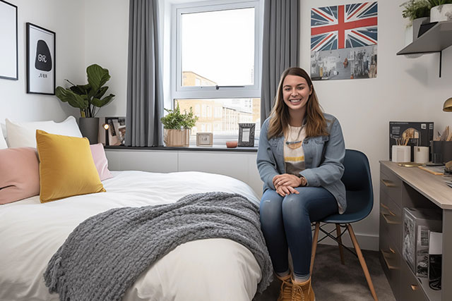 A young woman sitting on a chair in an student dorm